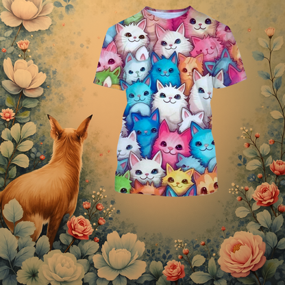 Pastel pink and blue cat face print t-shirt with floral border, cute summer top