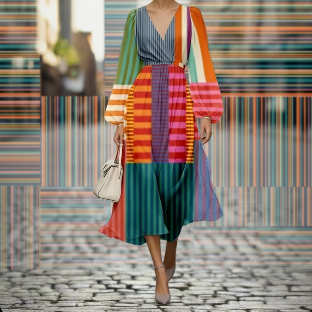 Woman in a vibrant, multi-coloured striped midi dress with long, flowing sleeves, carrying a white handbag, walking on a cobblestone street