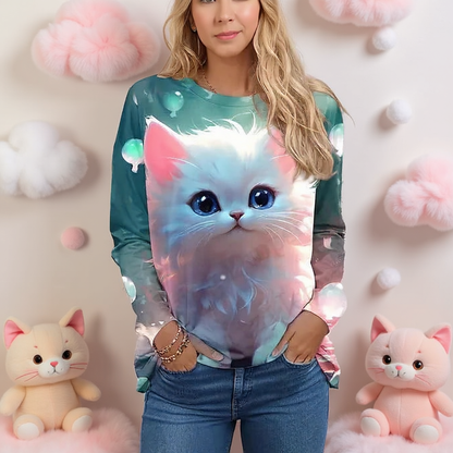 Cute Cat 3D Print Long Sleeve T-Shirt for Women – Oversized Animal Design Casual Top, Fashionable Knit Tee with Tie-Dye Effect, All-Season Comfort Wear