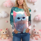 Cute Cat 3D Print Long Sleeve T-Shirt for Women – Oversized Animal Design Casual Top, Fashionable Knit Tee with Tie-Dye Effect, All-Season Comfort Wear