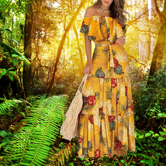 Boho Maxi Dress for Women – Off Shoulder Floral Print Long Sundress | Summer Beach Dress | Cotton Blend Floor-Length Bohemian Dress | S-XXL