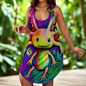 The dress has a crew neck, a natural waistline, and falls to ankle length