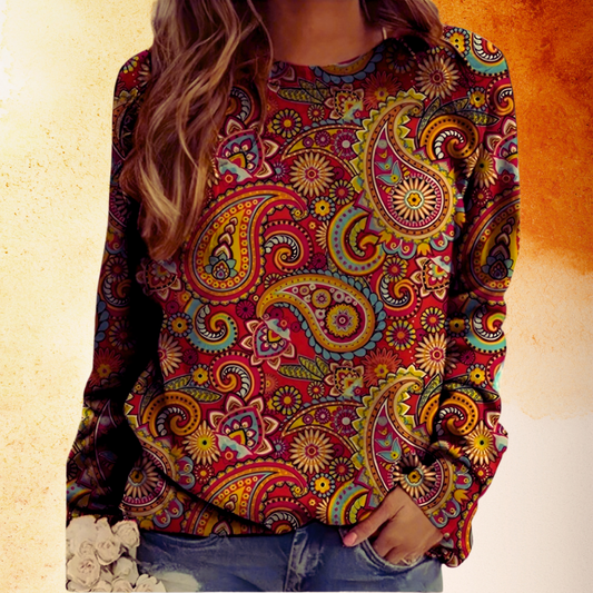 Red and orange paisley print pullover hoodie, loose fit ethnic sweatshirt for autumn