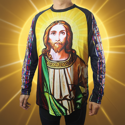 Religious Cycling Jersey – Stained Glass Jesus & Virgin Mary Long Sleeve MTB Bike Shirt for Men & Women | Breathable, Quick-Dry, Unisex Church Wear for Mountain Biking & Road Cycling