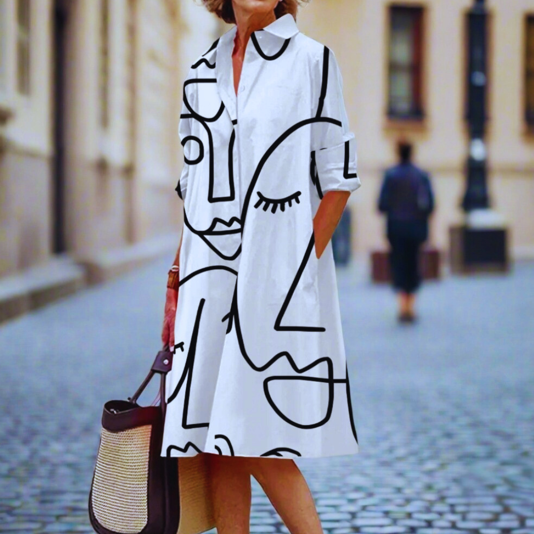 S-5XL Women's Summer Shirt Dress – Loose Bohemian Printed Maxi Dress with Turn-Down Collar, Three-Quarter Sleeves & Geometric Patterns | Vintage-Inspired Knee-Length Party & Evening Gowns in White, Blue, Celadon & More