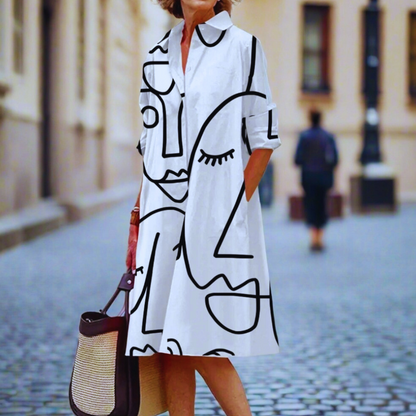 S-5XL Women's Summer Shirt Dress – Loose Bohemian Printed Maxi Dress with Turn-Down Collar, Three-Quarter Sleeves & Geometric Patterns | Vintage-Inspired Knee-Length Party & Evening Gowns in White, Blue, Celadon & More
