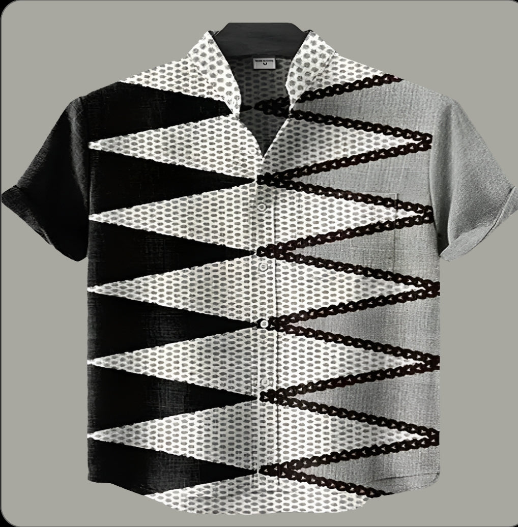 Men's Linen Blend Short Sleeve V-Neck Shirt – Forest Art Print Casual Shirt for Travel & Summer Wear