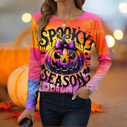 Orange gradient sweatshirt with haunted houses, pumpkins, and bats – detailed Halloween scene.
Sixth Image (Middle Center): Greenish-brown sweate
