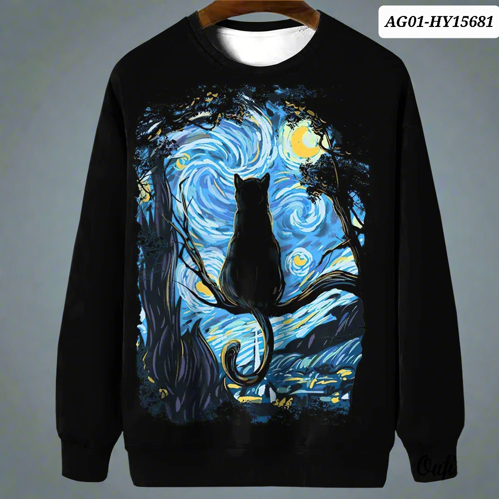 Night Sky Cat Abstract Art Plus Size Included Sweatshirt [SELECTION] - ALOE WINGS STORE