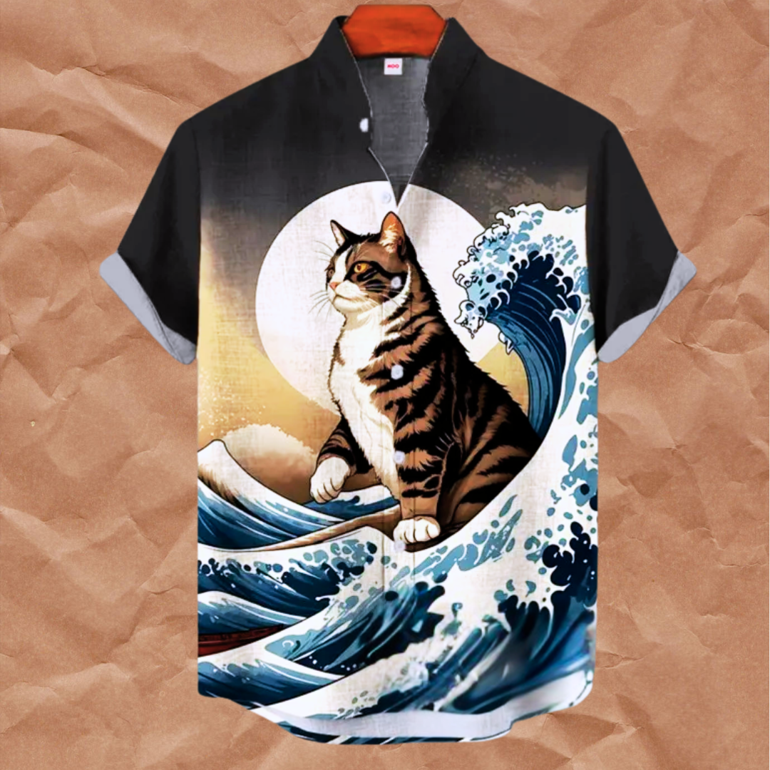 Men's Hawaiian-style short sleeve shirt with cat riding ocean wave 3D print design – vibrant tropical artwork for summer fashion