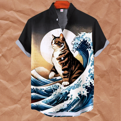 Men's Hawaiian-style short sleeve shirt with cat riding ocean wave 3D print design – vibrant tropical artwork for summer fashion
