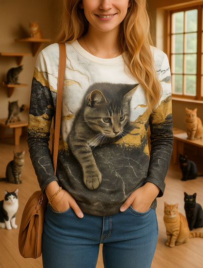 Cute gray cat resting on woman's chest printed on oversized long sleeve t-shirt