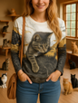 Cute gray cat resting on woman's chest printed on oversized long sleeve t-shirt