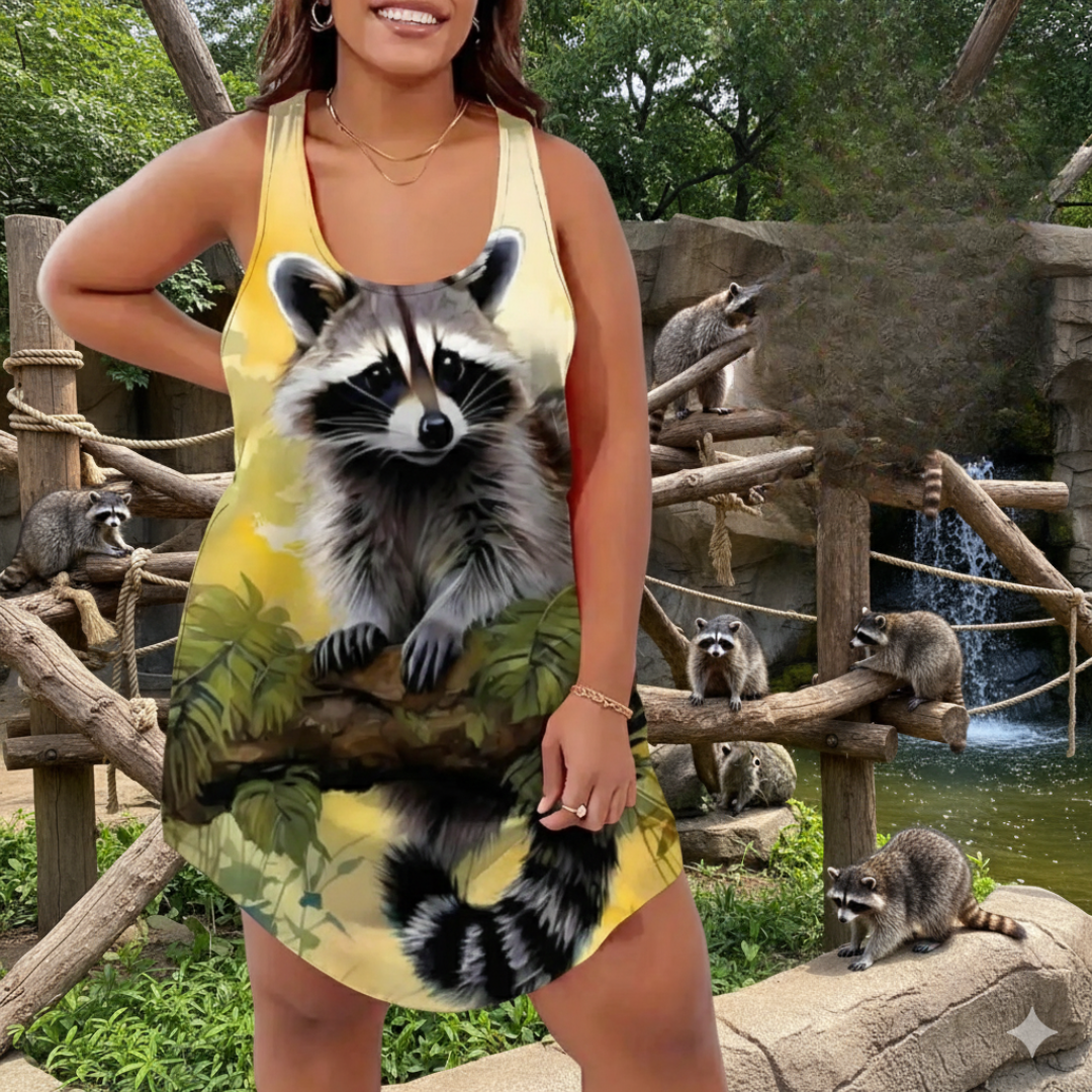 Cute Raccoon Graphic Dress for Women: Casual Sleeveless Forest Animal Apparel