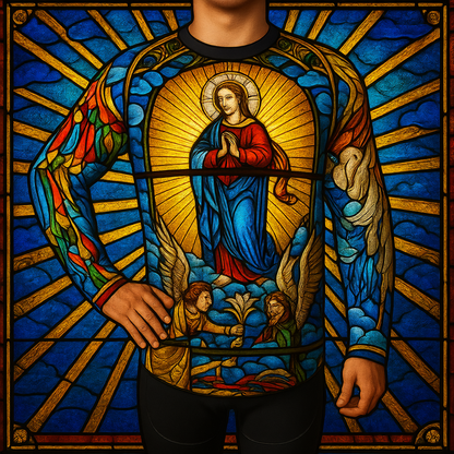Religious Cycling Jersey – Stained Glass Jesus & Virgin Mary Long Sleeve MTB Bike Shirt for Men & Women | Breathable, Quick-Dry, Unisex Church Wear for Mountain Biking & Road Cycling