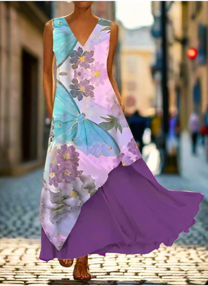 Pastel Butterfly and Floral Print Maxi Dress – Sleeveless V-Neck Boho Layered Summer Gown
