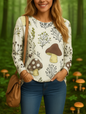 Mushroom forest pattern with nature elements on women's casual knit top