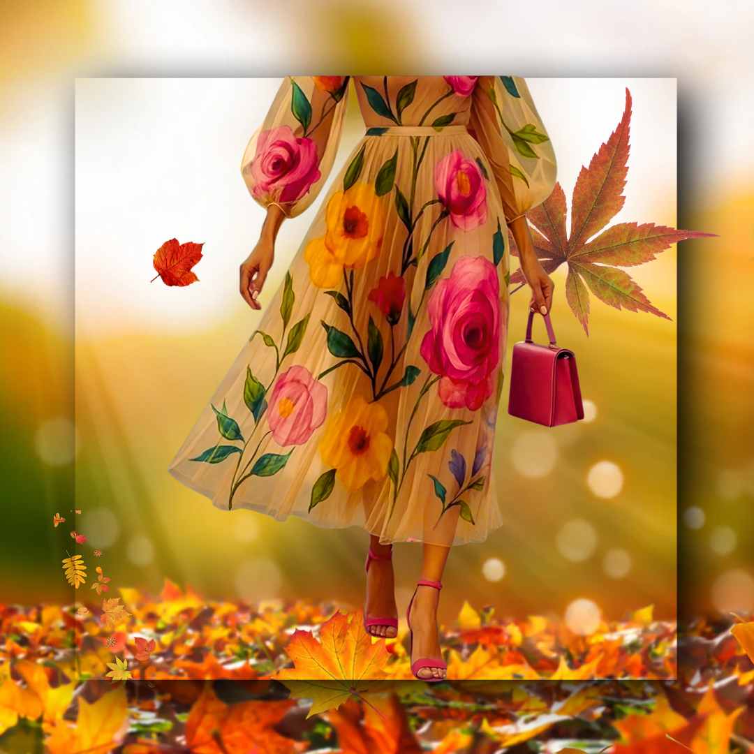 Gymystars bohemian floral dress amidst autumn leaves, emphasizing the seasonal versatility and loose fit.
