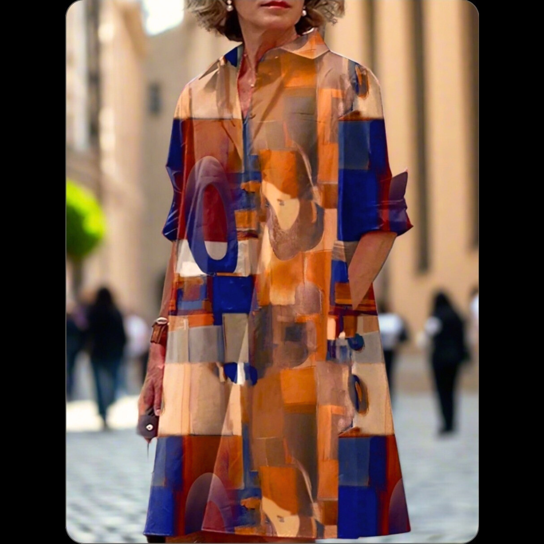 S-5XL Women's Summer Shirt Dress – Loose Bohemian Printed Maxi Dress with Turn-Down Collar, Three-Quarter Sleeves & Geometric Patterns | Vintage-Inspired Knee-Length Party & Evening Gowns in White, Blue, Celadon & More