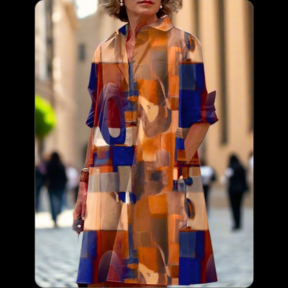 S-5XL Women's Summer Shirt Dress – Loose Bohemian Printed Maxi Dress with Turn-Down Collar, Three-Quarter Sleeves & Geometric Patterns | Vintage-Inspired Knee-Length Party & Evening Gowns in White, Blue, Celadon & More