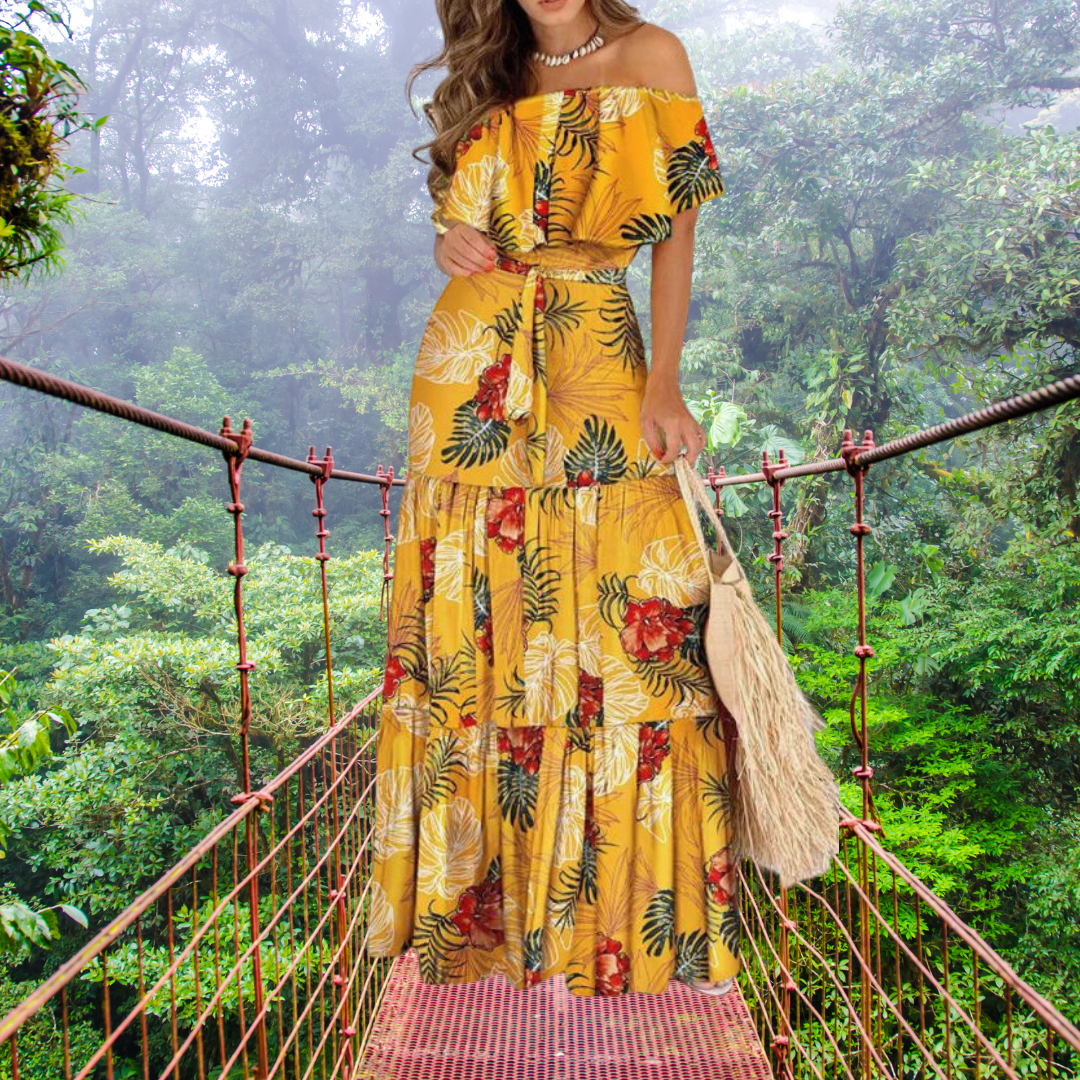 Boho Maxi Dress for Women – Off Shoulder Floral Print Long Sundress | Summer Beach Dress | Cotton Blend Floor-Length Bohemian Dress | S-XXL