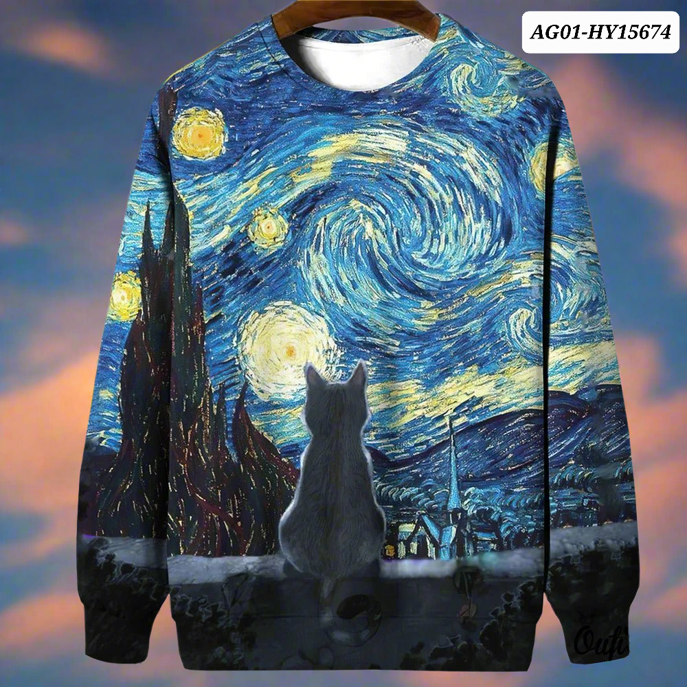 Night Sky Cat Abstract Art Plus Size Included Sweatshirt [SELECTION] - ALOE WINGS STORE