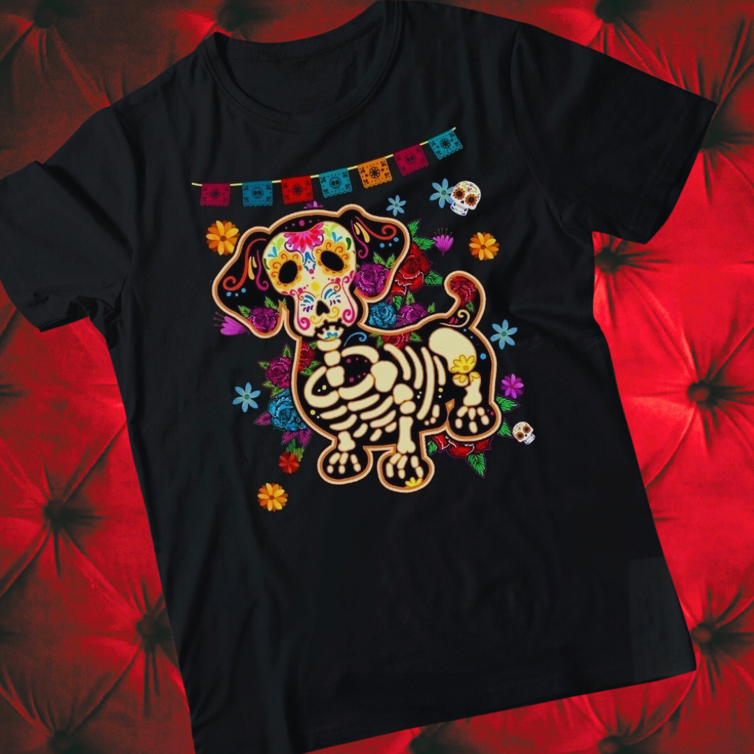 Skull Mexican Dachshund Bone T-Shirt – Funny Day of the Dead Halloween Streetwear | Unisex Cotton Casual T-Shirt