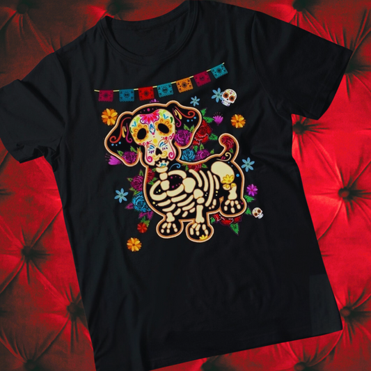 Skull Mexican Dachshund Bone T-Shirt – Funny Day of the Dead Halloween Streetwear | Unisex Cotton Casual T-Shirt