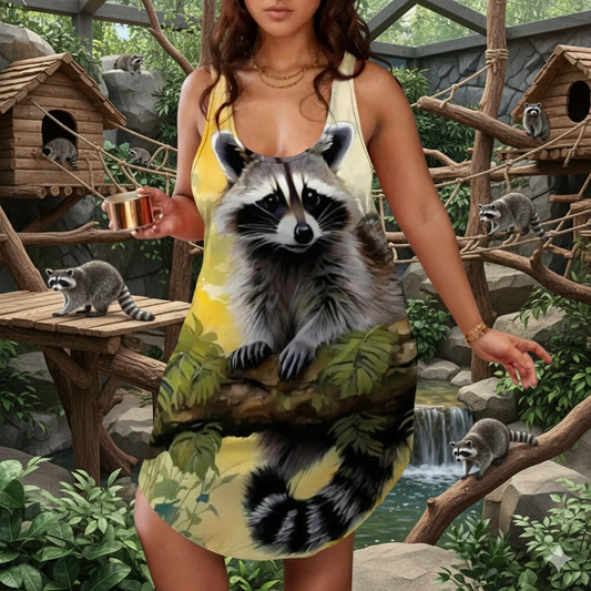 Cute Raccoon Graphic Dress for Women: Casual Sleeveless Forest Animal Apparel