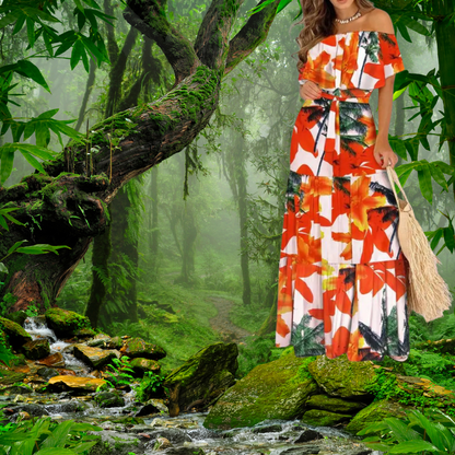 Boho Maxi Dress for Women – Off Shoulder Floral Print Long Sundress | Summer Beach Dress | Cotton Blend Floor-Length Bohemian Dress | S-XXL