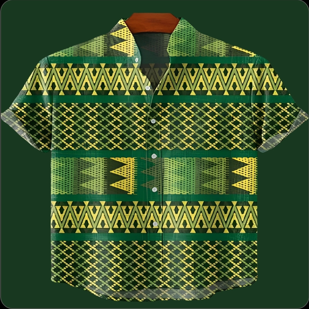 Green Geometric Forest Pattern Men’s V-Neck Shirt