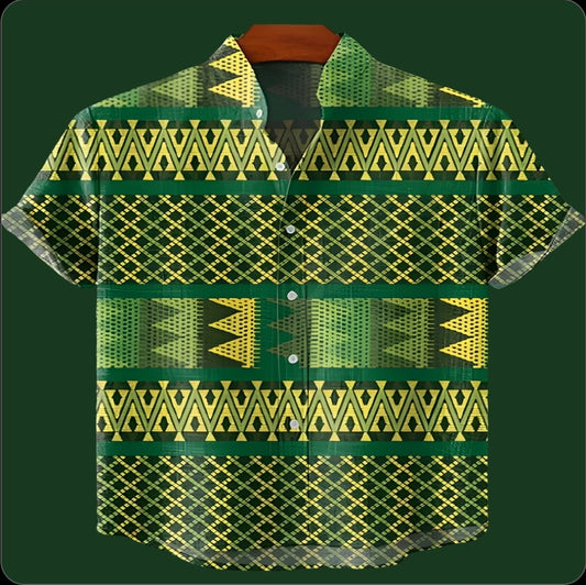 Green Geometric Forest Pattern Men’s V-Neck Shirt