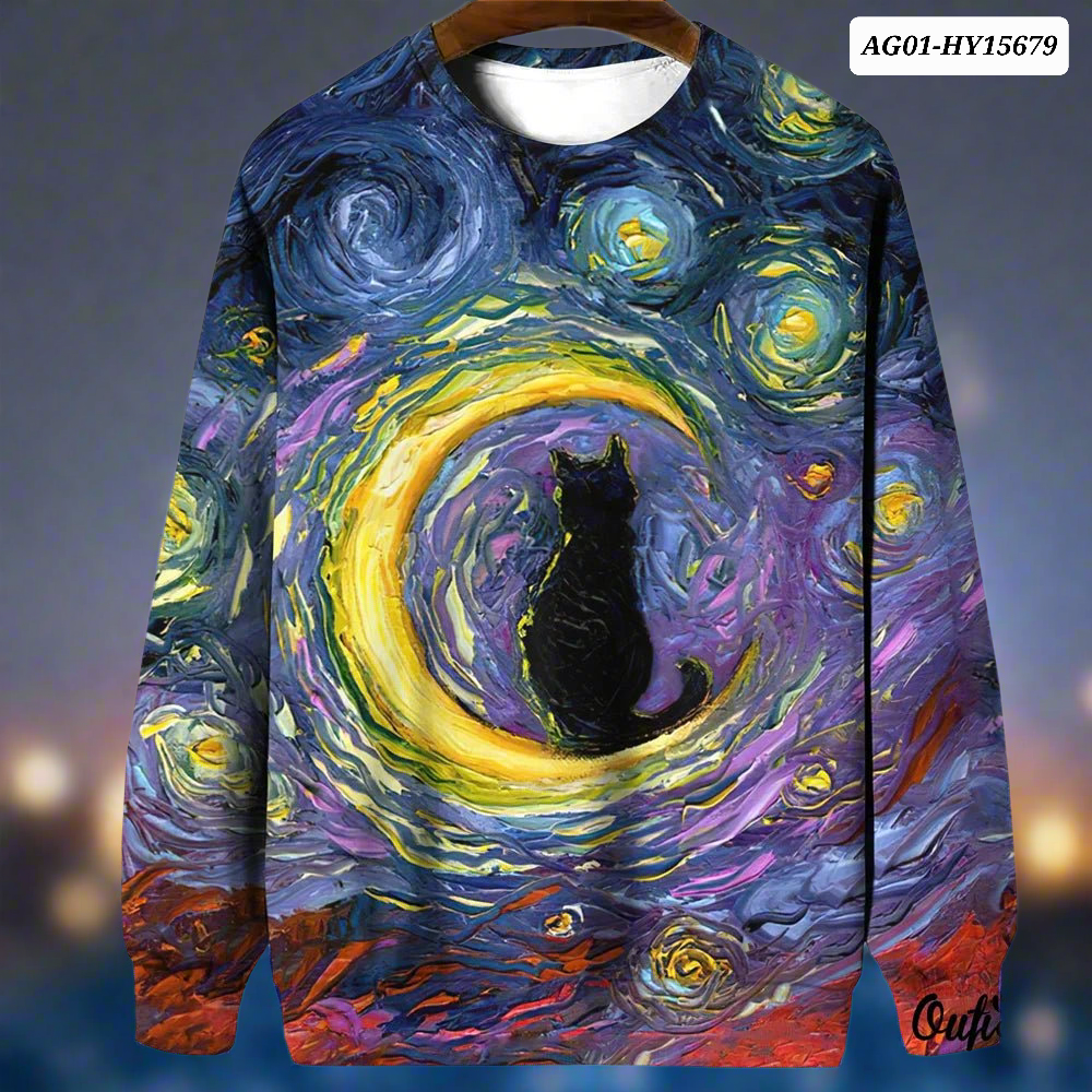 Night Sky Cat Abstract Art Plus Size Included Sweatshirt [SELECTION] - ALOE WINGS STORE