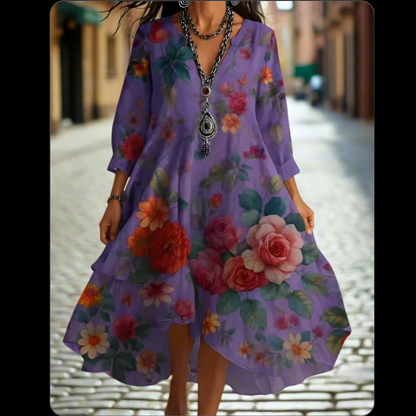 Model in a purple floral vintage dress with butterfly sleeves and loose A-line silhouette walking down a European-style street.