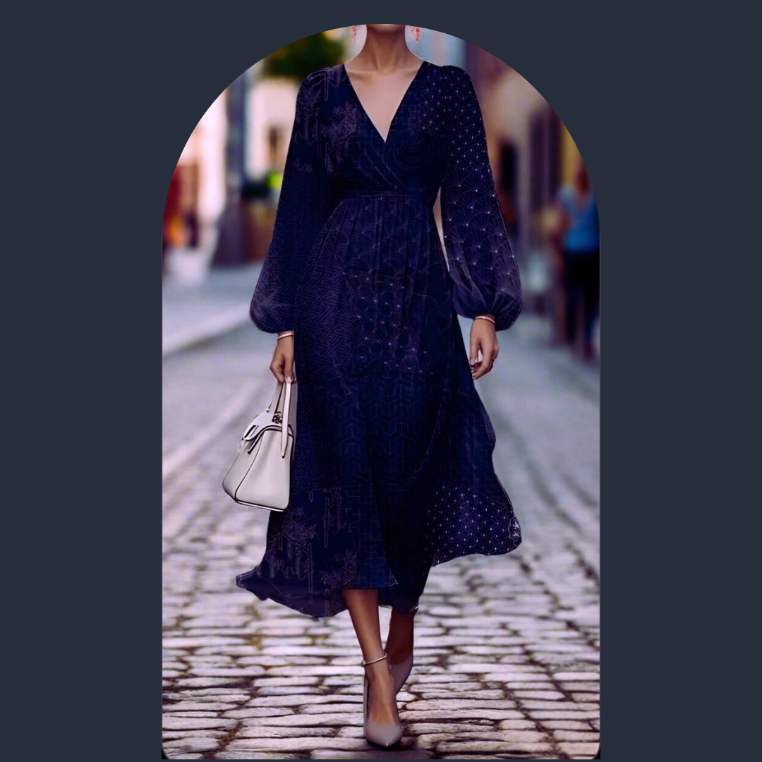 ​Dark blue knee-length dress with subtle pattern and elegant neckline