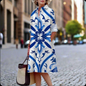 S-5XL Women's Summer Shirt Dress – Loose Bohemian Printed Maxi Dress with Turn-Down Collar, Three-Quarter Sleeves & Geometric Patterns | Vintage-Inspired Knee-Length Party & Evening Gowns in White, Blue, Celadon & More