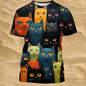 Dark background with bold orange, green, and blue cat face 3D print t-shirt