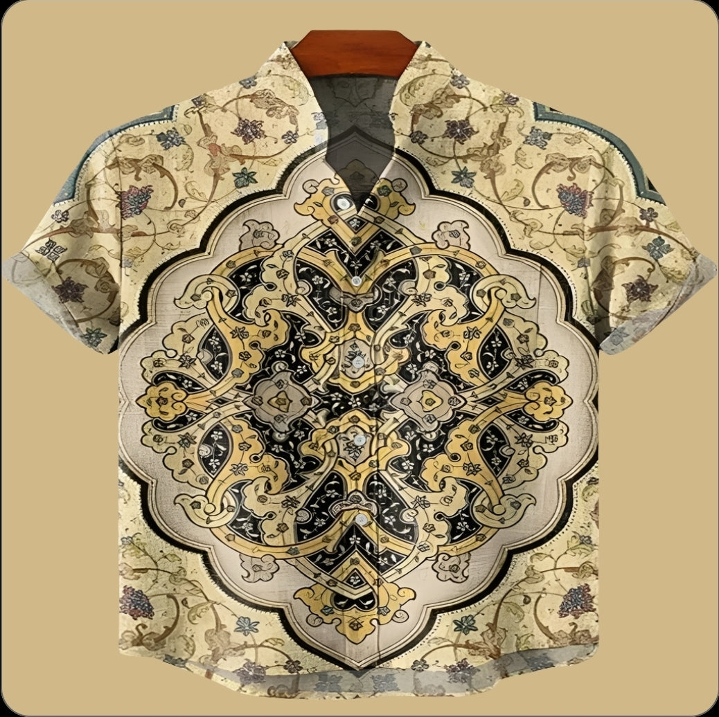 Beige & Black Tribal Mandala Print Casual Shirt for Men