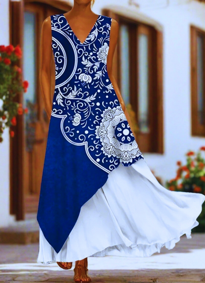 Navy and White Mandala Print Boho Maxi Dress – Layered Sleeveless V-Neck Summer Dress