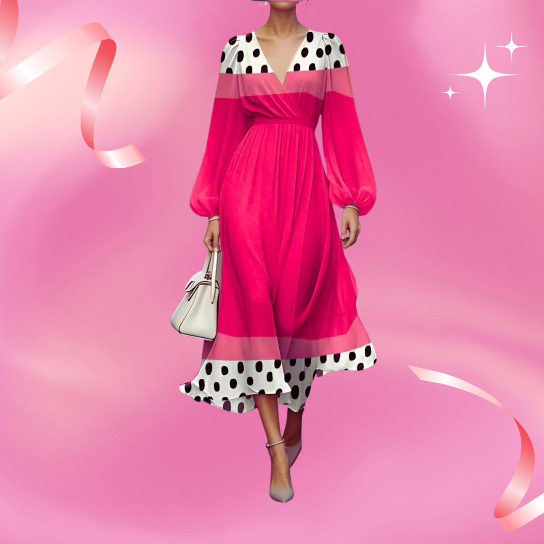 ​Fashionable pink floral midi dress with flowing sleeves