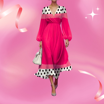 ​Fashionable pink floral midi dress with flowing sleeves