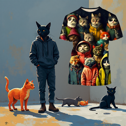 Person in hoodie standing with cat face 3D print t-shirt and real cats nearby