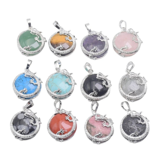 Round Semi-Precious Gemstone With Silver Dragon Design Pendants SELECTION - ALOE WINGS STORE