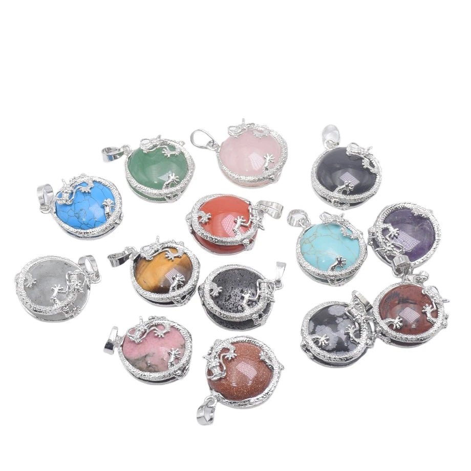 Round Semi-Precious Gemstone With Silver Dragon Design Pendants SELECTION - ALOE WINGS STORE