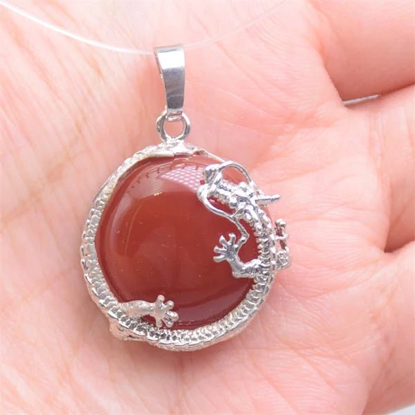 Round Semi-Precious Gemstone With Silver Dragon Design Pendants SELECTION - ALOE WINGS STORE