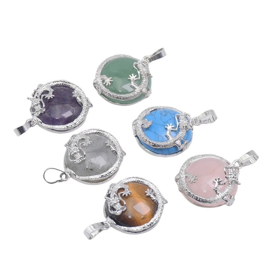 Round Semi-Precious Gemstone With Silver Dragon Design Pendants SELECTION - ALOE WINGS STORE