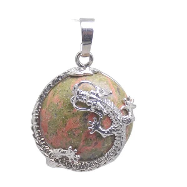 Round Semi-Precious Gemstone With Silver Dragon Design Pendants SELECTION - ALOE WINGS STORE