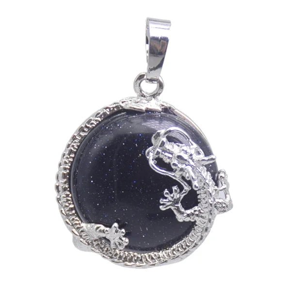 Round Semi-Precious Gemstone With Silver Dragon Design Pendants SELECTION - ALOE WINGS STORE