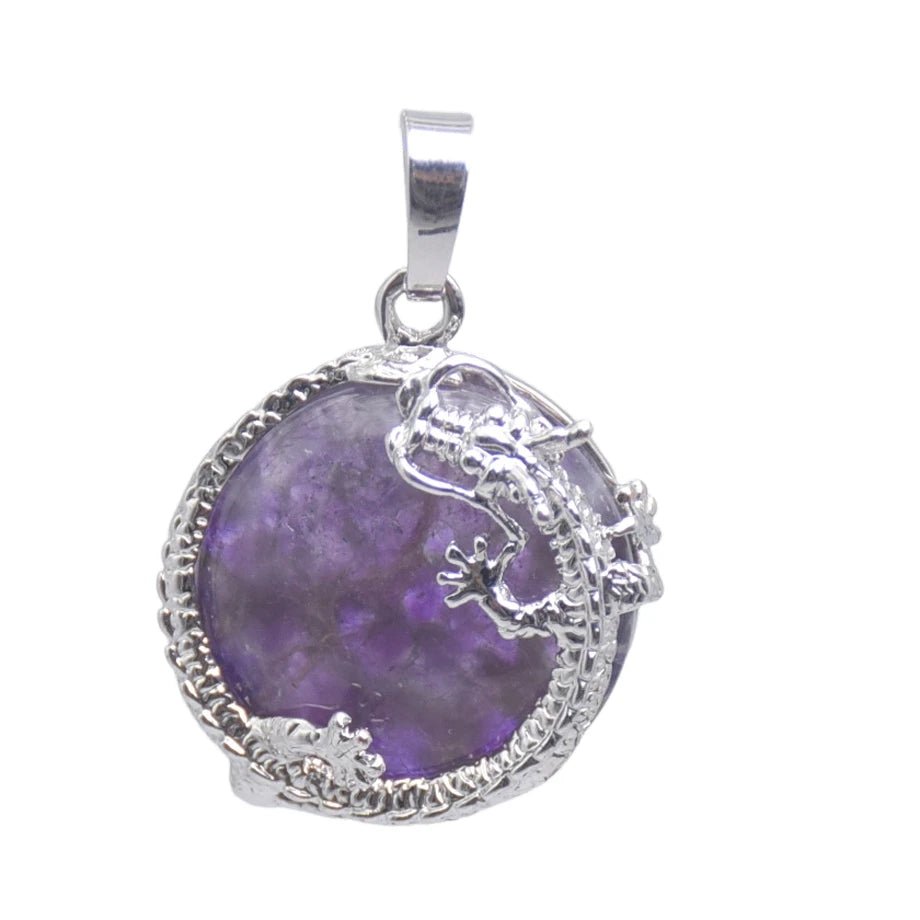 Round Semi-Precious Gemstone With Silver Dragon Design Pendants SELECTION - ALOE WINGS STORE