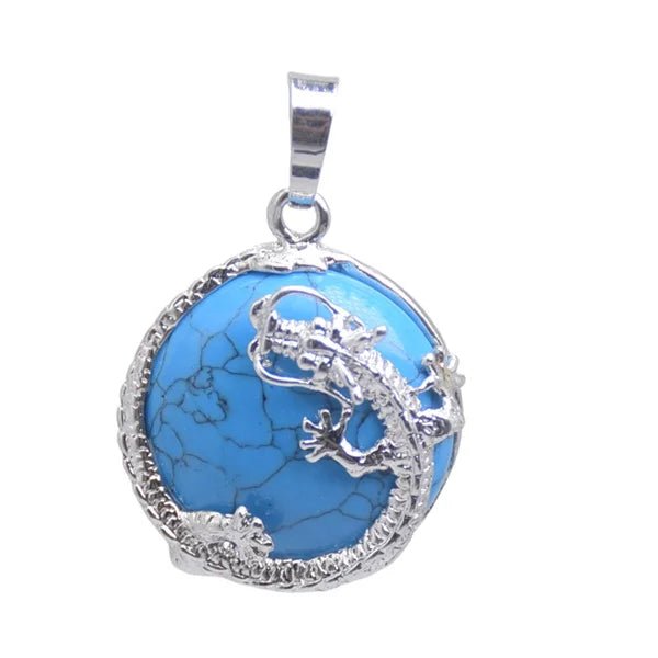 Round Semi-Precious Gemstone With Silver Dragon Design Pendants SELECTION - ALOE WINGS STORE